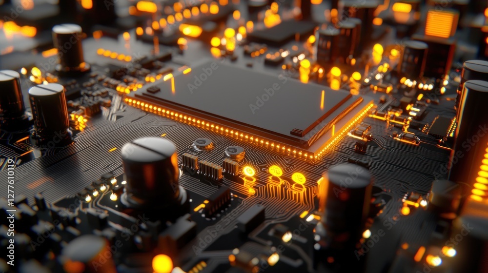 Poster Glowing Circuit Board Close Up with Warm Light Emitting from Microchips and Electronic Components for Technology Concepts