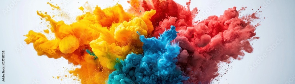 Fototapete Vibrant explosion of colorful ink clouds in water creating a dynamic abstract design on light background