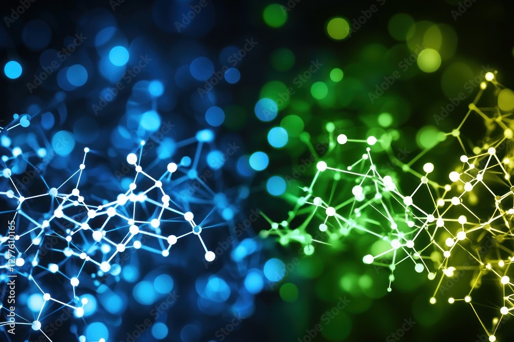 Poster abstract network connections in vibrant blue and green hues against a dark backdrop showcasing futur