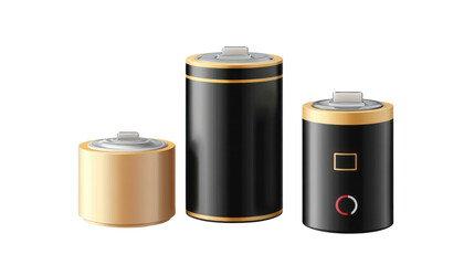 Three sleek, modern batteries with black and gold design, ideal for showcasing energy solutions in tech and industry-focused visual projects.