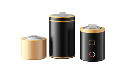 Three sleek, modern batteries with black and gold design, ideal for showcasing energy solutions in tech and industry-focused visual projects.