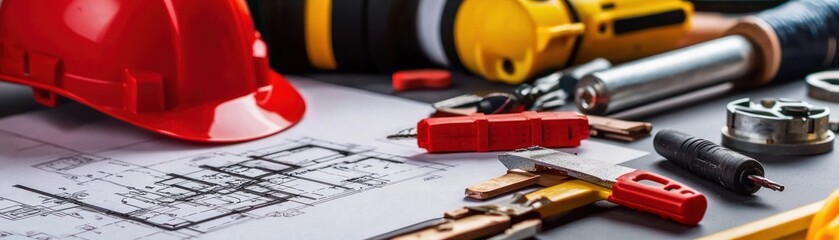 Construction Blueprint and Tools Still Life Featuring Hardhat and Electrical Components for Engineering Project