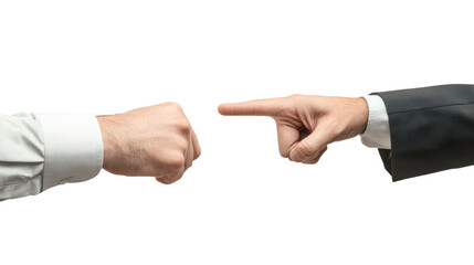 Two hands engage in a conflict, one fist raised and the other pointing, symbolizing disagreement or confrontation in a professional setting.