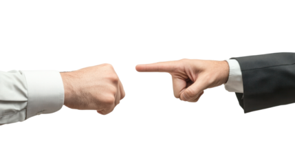 Two hands engage in a conflict, one fist raised and the other pointing, symbolizing disagreement or confrontation in a professional setting.