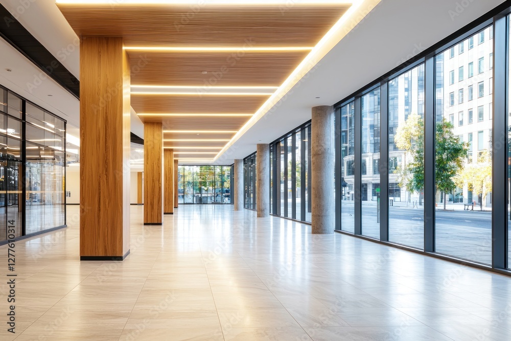 Poster bright and spacious modern lobby with polished marble floor wooden columns and natural light from la