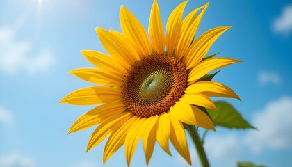Obraz premium A vibrant sunflower stands tall against a clear blue sky, showcasing its bright yellow petals and green leaves.