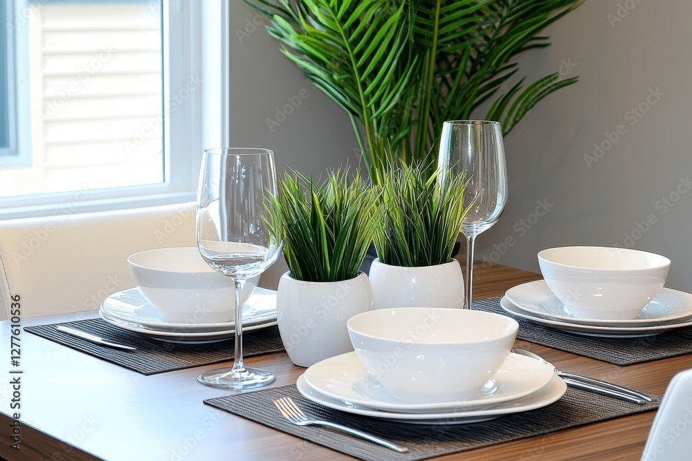 Poster Elegant dining table setup with white tableware glasses and green plants creating a serene and inviting atmosphere for a delightful meal in a modern home