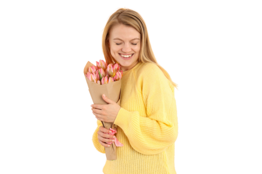 PNG, March 8. Girl holding flowers in her hands, isolated on white background.