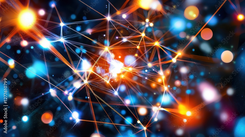 Poster Abstract network connection with glowing nodes on dark background representing technology and innovation with a vibrant color palette and dynamic composition