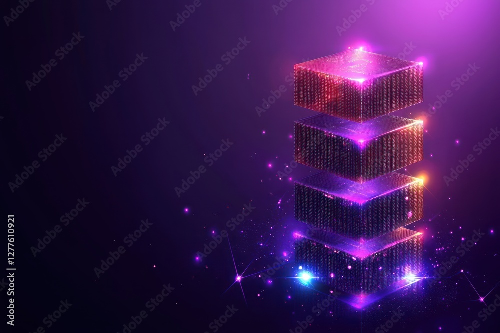 Poster Abstract Glowing Cubes Stacked in a Futuristic Purple Space with Sparkles and Light Effects for Technology Background