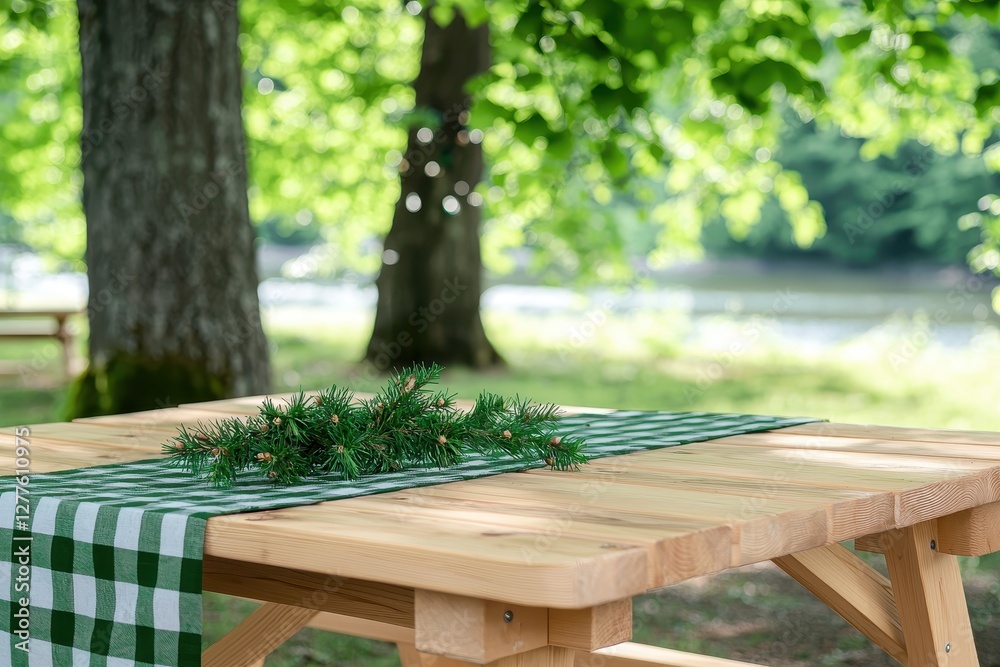 Aufkleber rustic picnic table setup in serene park with green checkered runner and pine branch decoration unde