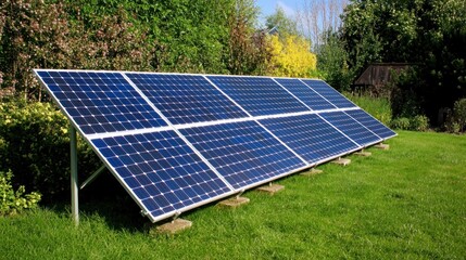 Solar panel array in lush garden providing sustainable energy solution against vibrant green foliage and blue sky for eco friendly living