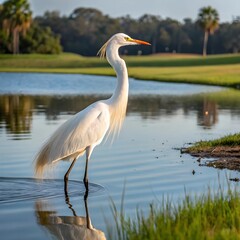 Fototapeta premium An egret stands gracefully on the grass beside a serene lake, showcasing its elegant posture and natural habitat. 