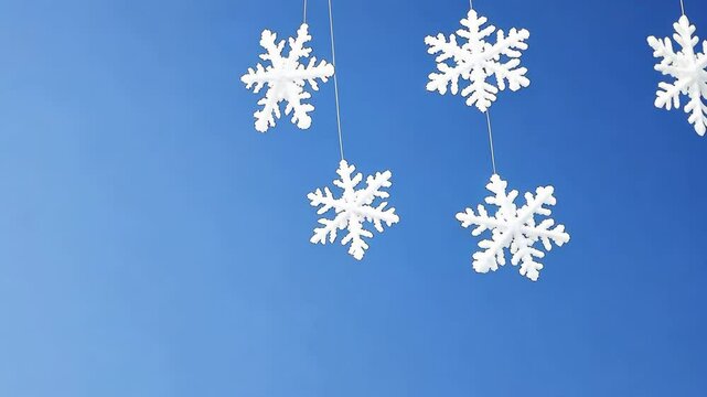 White snowflakes hanging against clear blue sky create serene winter scene, showcasing intricate designs and delicate patterns in outdoor decoration.