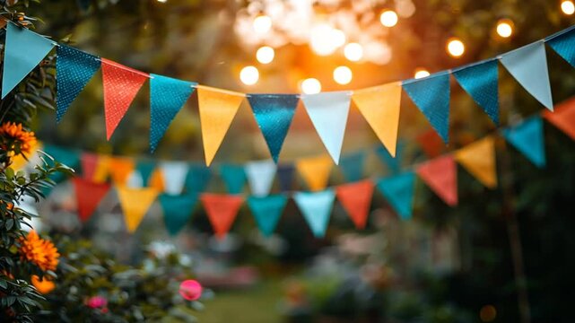 Colorful Triangular Flags Decorate Garden Party Area