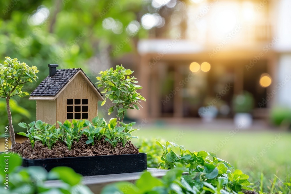 Poster miniature wooden house surrounded by lush greenery in a serene garden setting with soft bokeh backgr