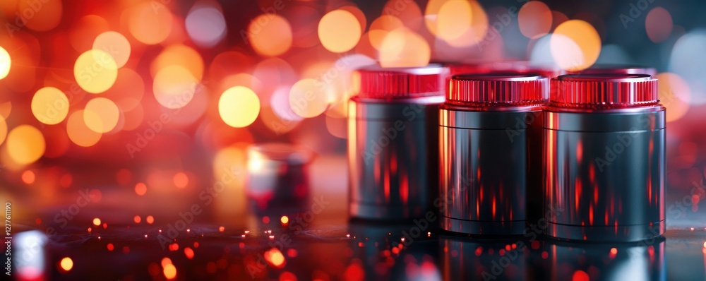 Poster abstract still life featuring sleek metallic containers with vibrant red accents and bokeh lights cr