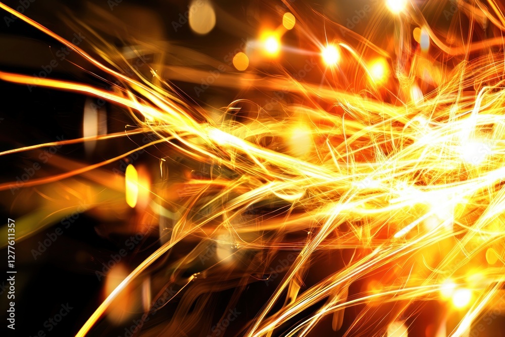 Fototapete Dynamic interplay of golden light trails against a dark backdrop creating a mesmerizing abstract visual symphony of energy and motion