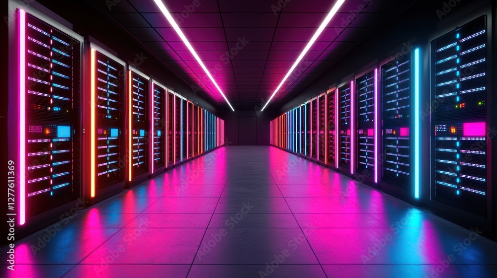 Poster Data center servers illuminated with neon lights creating a futuristic vibe in a dark room with a long perspective and symmetrical design