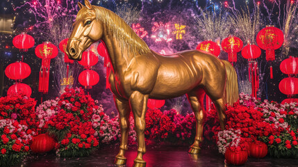A golden horse, symbolizing strength and prosperity, surrounded by red lanterns and flowers, with colorful fireworks lighting up the night sky to celebrate the Year of the Horse.