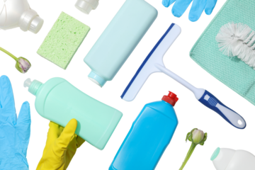 Spring cleaning, cleaning equipment and flowers, isolated on white background, PNG