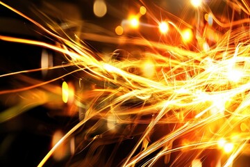 Dynamic interplay of golden light trails against a dark backdrop creating a mesmerizing abstract visual symphony of energy and motion