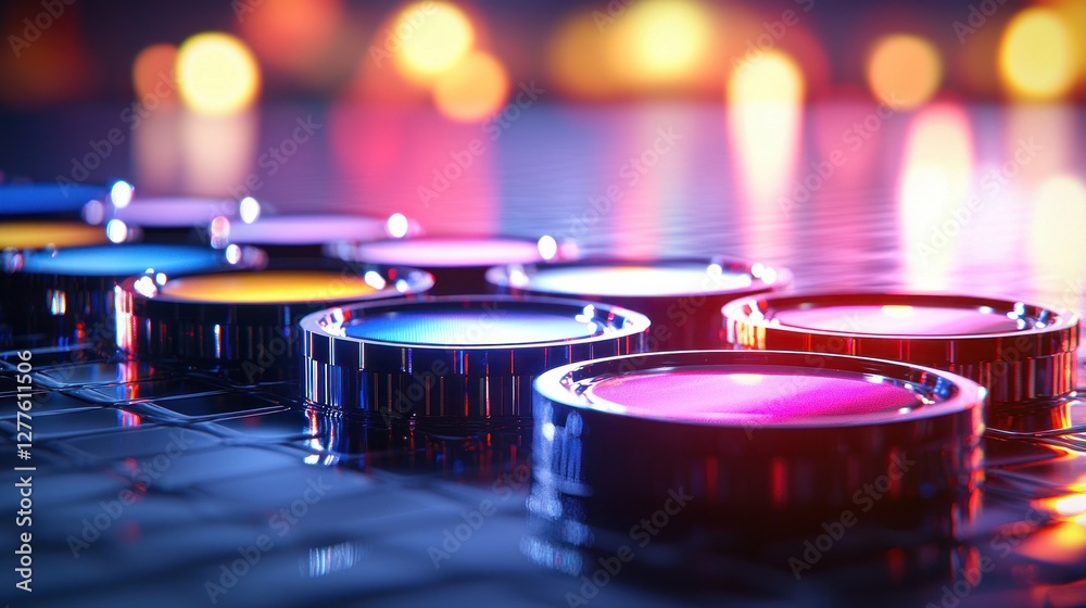 Fototapete abstract futuristic background with colorful glowing circles on a reflective grid surface creating a