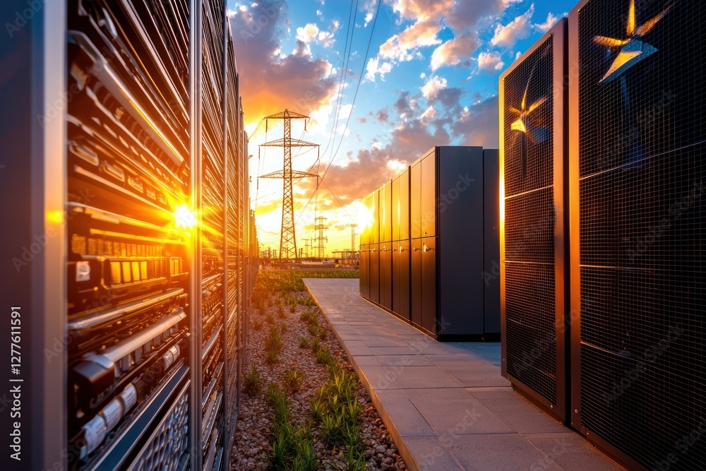 Leinwandbilder data center servers with power lines under a vibrant sky at sunset creating a sense of modern techno