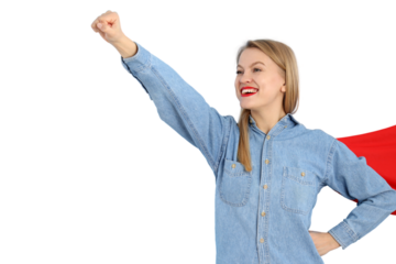 PNG, March 8. Girl in superhero costume, with red cape, isolated on white background.
