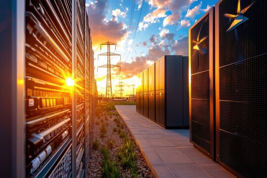 Data center servers with power lines under a vibrant sky at sunset creating a sense of modern technology and energy infrastructure for digital age