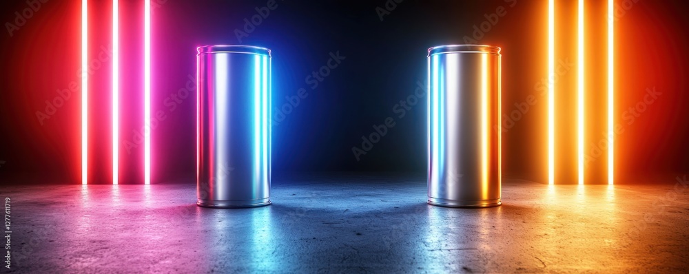 Poster two sleek metal cylinders bathed in vibrant neon light reflecting on a concrete surface creating a f