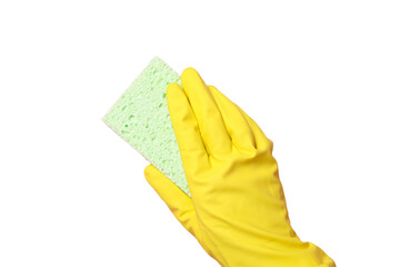 Spring cleaning, hand in a yellow rubber glove with a cleaning sponge, isolated on white...