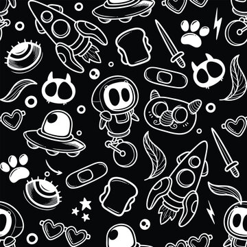 seamless pattern with alliens, ufo, rocket, cat,  animals vector art illustration design