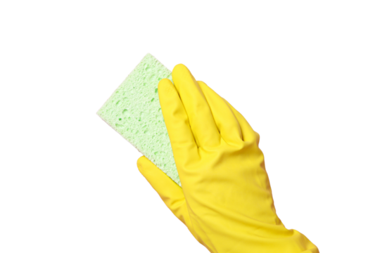 Spring cleaning, hand in a yellow rubber glove with a cleaning sponge, isolated on white background, PNG