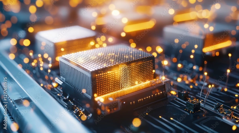 Leinwandbilder Futuristic microchip technology with glowing particles and intricate circuit design motherboard component