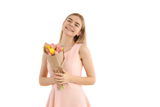 PNG, March 8. Girl holding flowers in her hands, isolated on white background. - Powered by Adobe