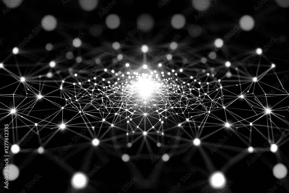 Poster Abstract network connection structure with glowing nodes and lines on black background representing data flow and communication