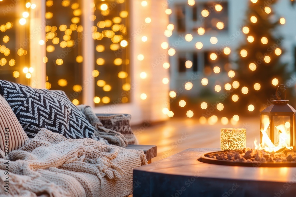 Poster cozy outdoor patio scene with warm fire pit lantern and soft cushions under festive string lights cr