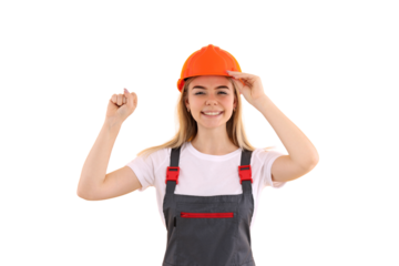 PNG, March 8. Girl in construction uniform, showing feminist gesture, isolated on white background.