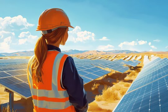 A determined female engineer in a high-visibility vest and hard hat, inspecting solar panels in a vast renewable energy farm under a bright blue sky - Powered by Adobe