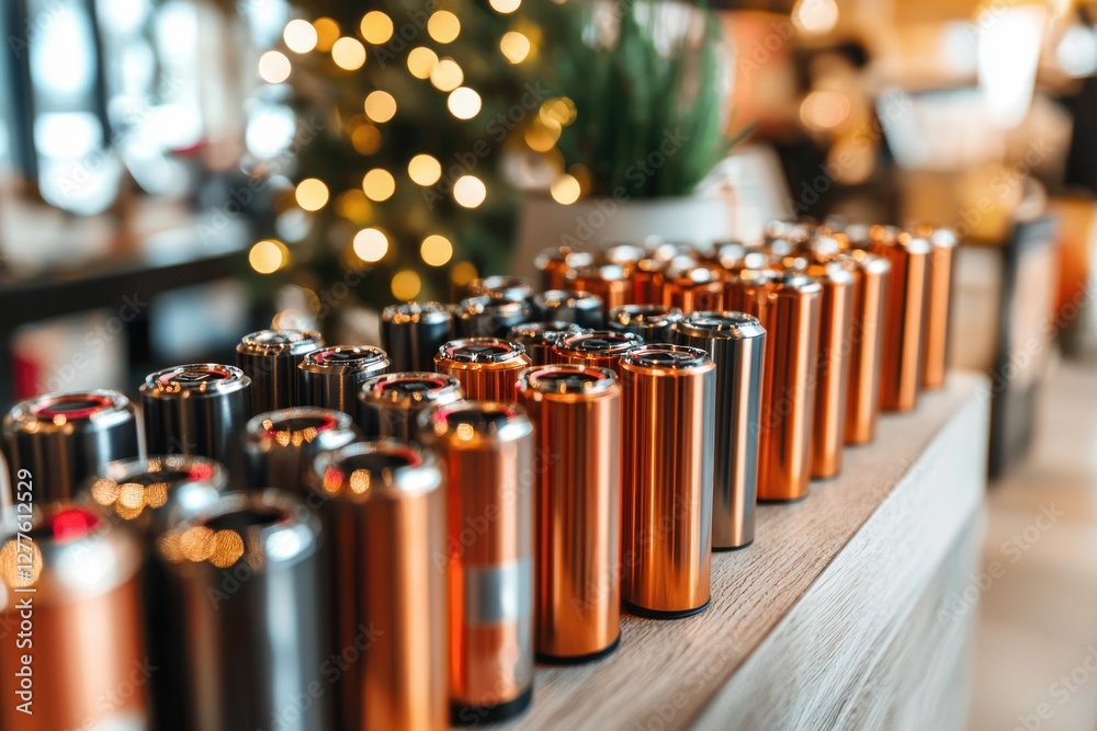 Poster rows of sleek metallic cans displayed on wooden countertop with christmas tree in background festive