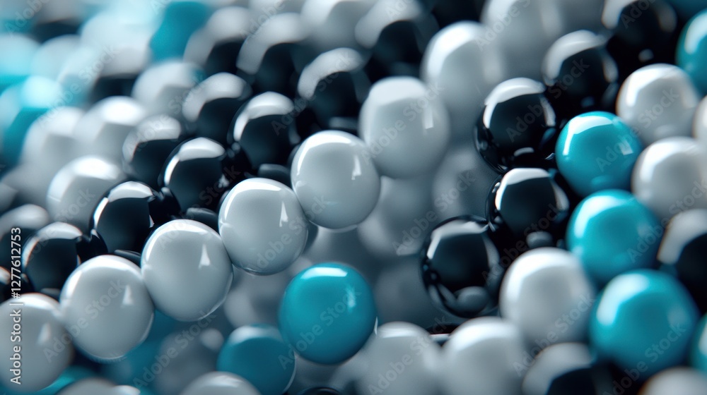 Poster abstract arrangement of glossy spheres in monochrome and blue tones for modern background design