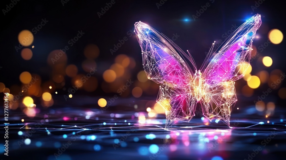 Poster Digital butterfly with glowing lines and vibrant colors on a dark background creating a futuristic and dreamy mood
