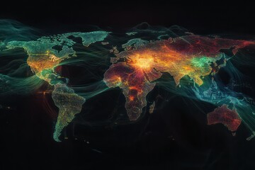 A digital globe showing real-time big data flow, with interconnected data systems and cloud services processing information globally.