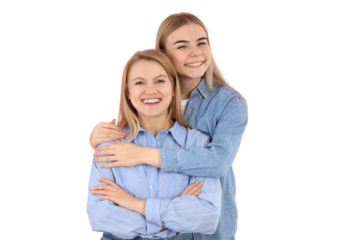 PNG, March 8. Two girls hugging, isolated on white background.