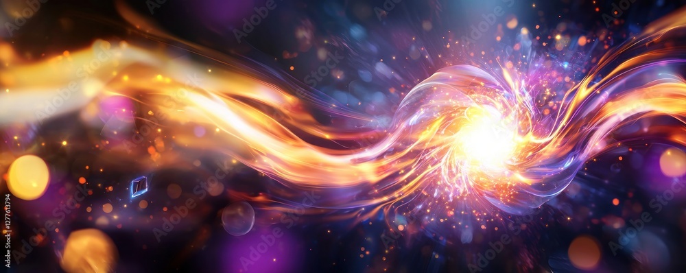 Poster Energetic burst of light and color illuminating dark space with flowing plasma streams and glowing particles creating a vibrant futuristic abstract design