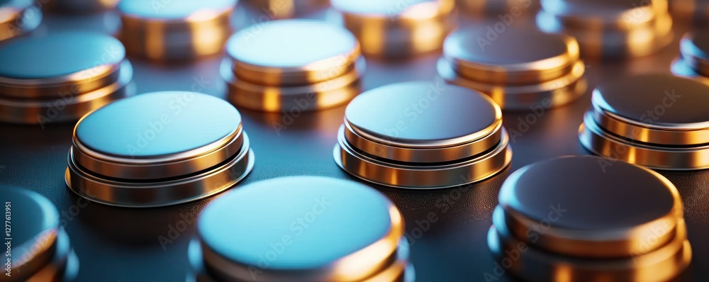 Aufkleber Array of Metallic Round Buttons with Reflective Surfaces and Warm Lighting Creating a Modern and Abstract Composition for Industrial Design