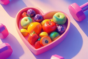 A digital illustration of a heart-shaped dish with vibrant fresh produce, alongside 3D-rendered dumbbells, symbolizing the fusion of diet and exercise