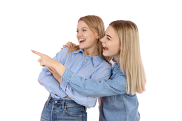 PNG, March 8. Two girls hugging, isolated on white background.