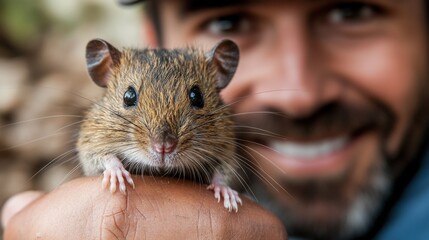 Close-up of a person holding a small rodent, showcasing their interaction in a natural setting